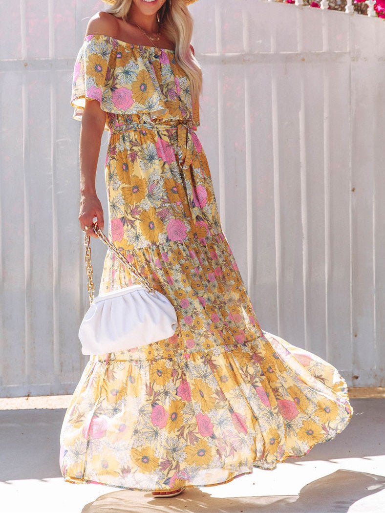 Women's Dresses One-Shoulder Print Lace-Up Swing Dress