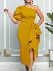 Women's Dresses One Shoulder Puff Sleeve Irregular Slit Dress