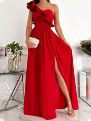 Women's Dresses One Shoulder Ruffle Sleeveless Slit Dress