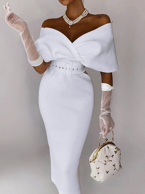 Women's Dresses One Word Collar Belt Bodycon Dresses