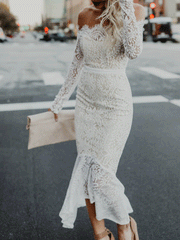 Women's Dresses One Word Collar Lace Long Sleeve Dress