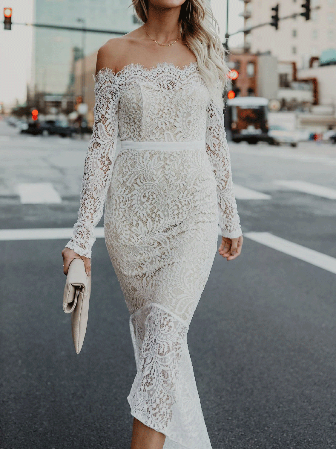 Women's Dresses One Word Collar Lace Long Sleeve Dress