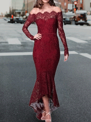 Women's Dresses One Word Collar Lace Long Sleeve Dress