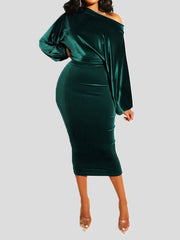 Women's Dresses One Word Collar Suede Puff Long Sleeve Dress