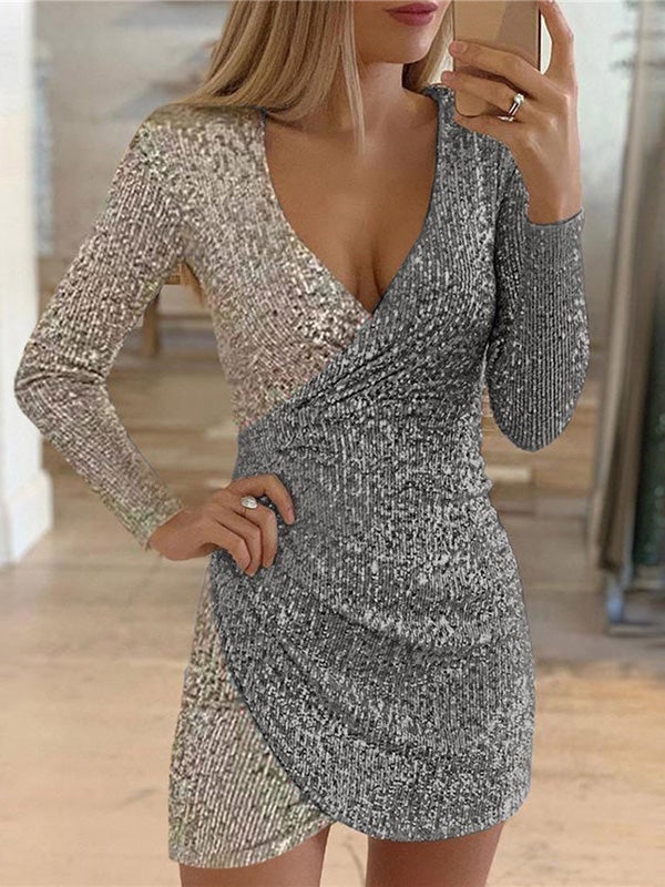 Women's Dresses V-Neck Irregular Sequin Wrapped Hip Dress