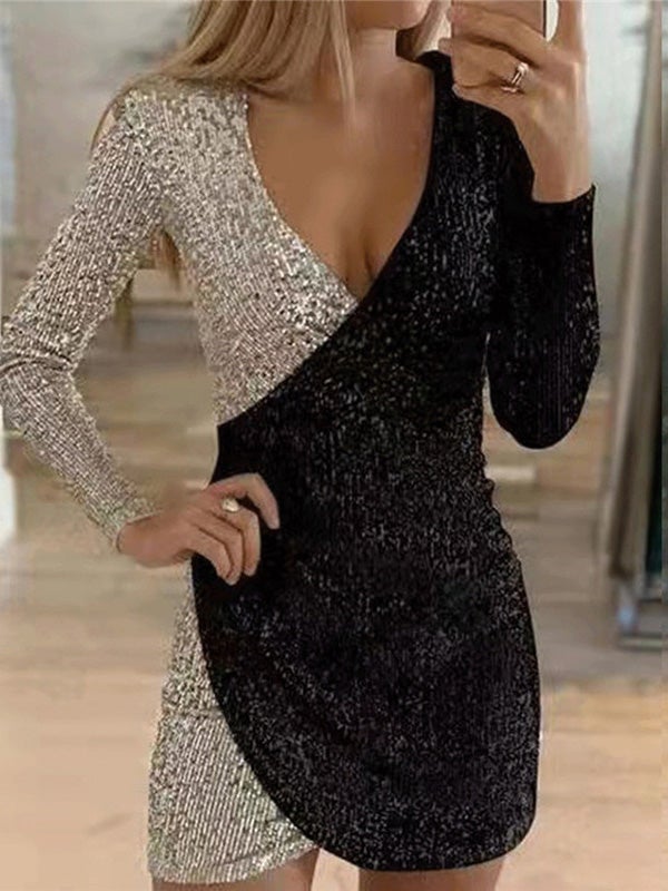 Women's Dresses V-Neck Irregular Sequin Wrapped Hip Dress
