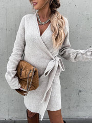 Women's Dresses V-Neck Knitted Slim Belt Long Sleeve Dress