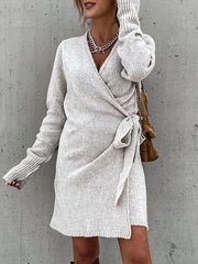 Women's Dresses V-Neck Knitted Slim Belt Long Sleeve Dress