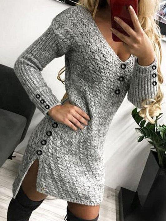 Women's Dresses V-Neck Long Sleeve Buttoned Knit Dress
