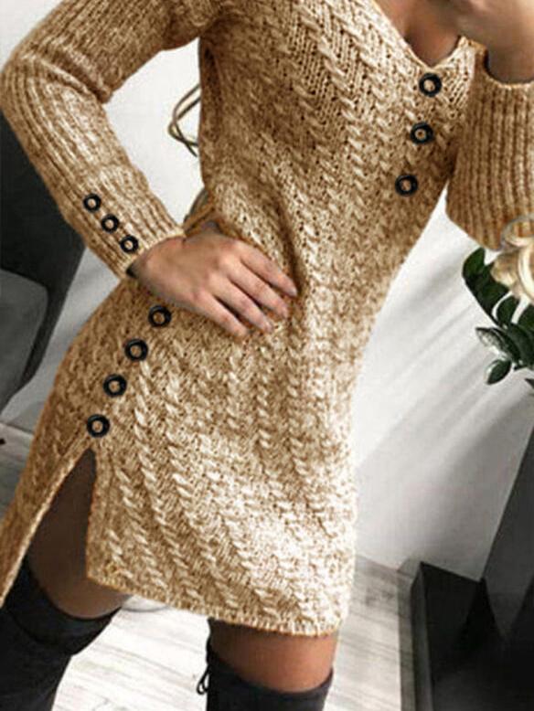 Women's Dresses V-Neck Long Sleeve Buttoned Knit Dress