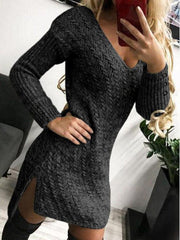 Women's Dresses V-Neck Long Sleeve Buttoned Knit Dress