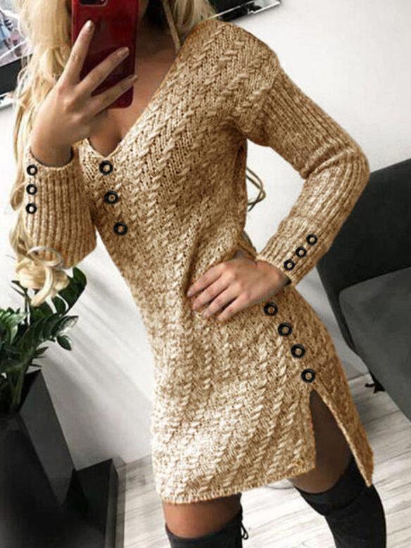 Women's Dresses V-Neck Long Sleeve Buttoned Knit Dress