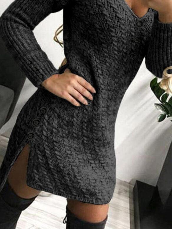 Women's Dresses V-Neck Long Sleeve Buttoned Knit Dress