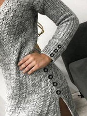 Women's Dresses V-Neck Long Sleeve Buttoned Knit Dress