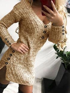 Women's Dresses V-Neck Long Sleeve Buttoned Knit Dress