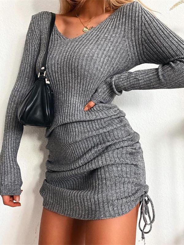 Women's Dresses V-Neck Long Sleeve Drawstring Knit Dress