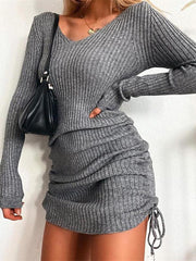 Women's Dresses V-Neck Long Sleeve Drawstring Knit Dress