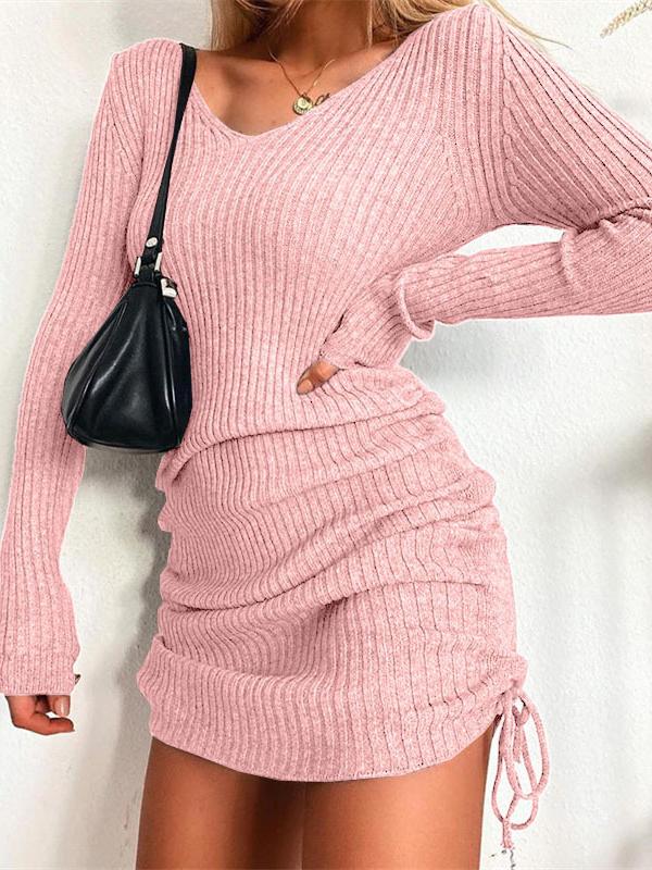 Women's Dresses V-Neck Long Sleeve Drawstring Knit Dress