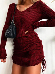 Women's Dresses V-Neck Long Sleeve Drawstring Knit Dress