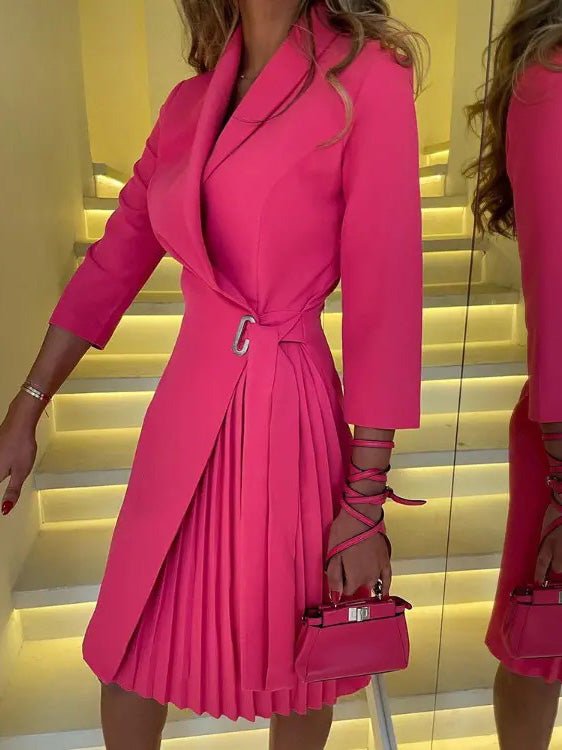 Women's Dresses V-Neck Pleated Panel Lace-Up Long Sleeve Dress
