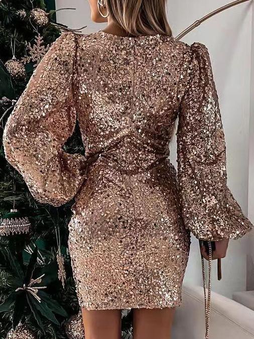 Women's Dresses V-Neck Sequined Puff Long Sleeve Dress