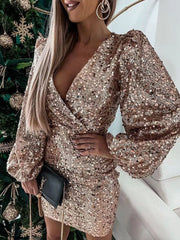 Women's Dresses V-Neck Sequined Puff Long Sleeve Dress