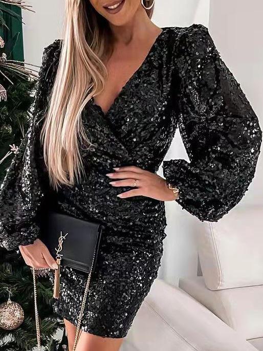 Women's Dresses V-Neck Sequined Puff Long Sleeve Dress
