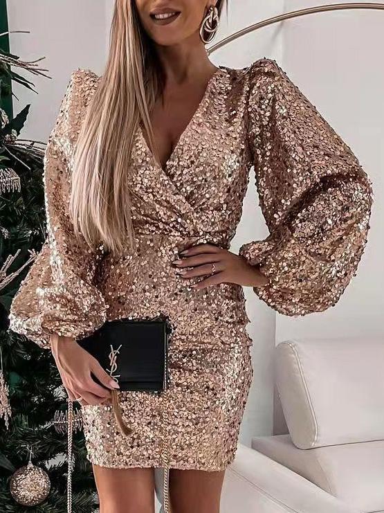Women's Dresses V-Neck Sequined Puff Long Sleeve Dress