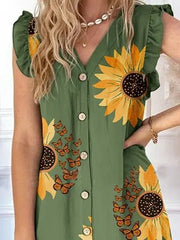 Women's Dresses V-Neck Sunflower Print Button Ruffle Sleeve Dress
