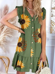 Women's Dresses V-Neck Sunflower Print Button Ruffle Sleeve Dress