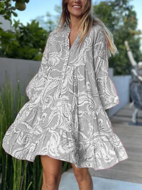 Women's Dresses V-Neck Vintage Print Flare Sleeve Mini Dress