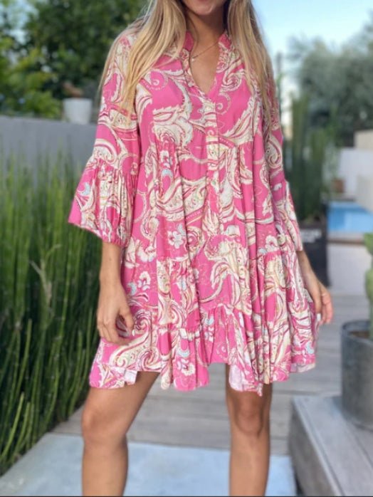 Women's Dresses V-Neck Vintage Print Flare Sleeve Mini Dress