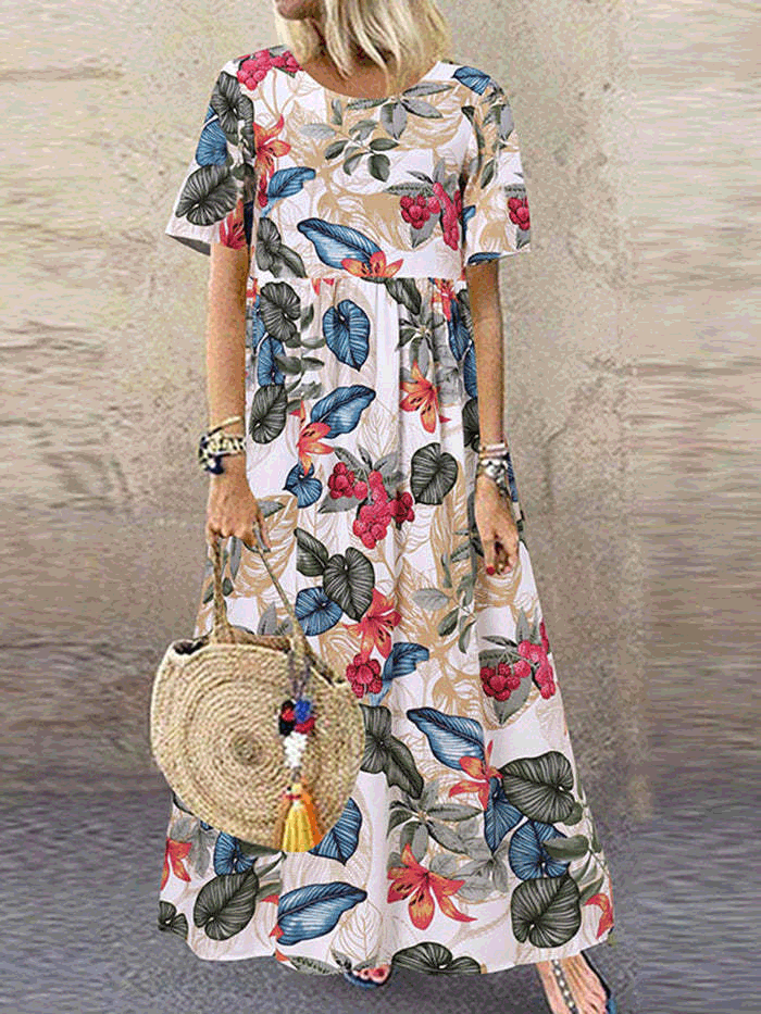Women's Dresses Vintage Floral Print Crew Neck Casual Dress