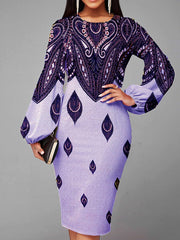 Women's Dresses Vintage Print Balloon Sleeve Slim Fit Dress