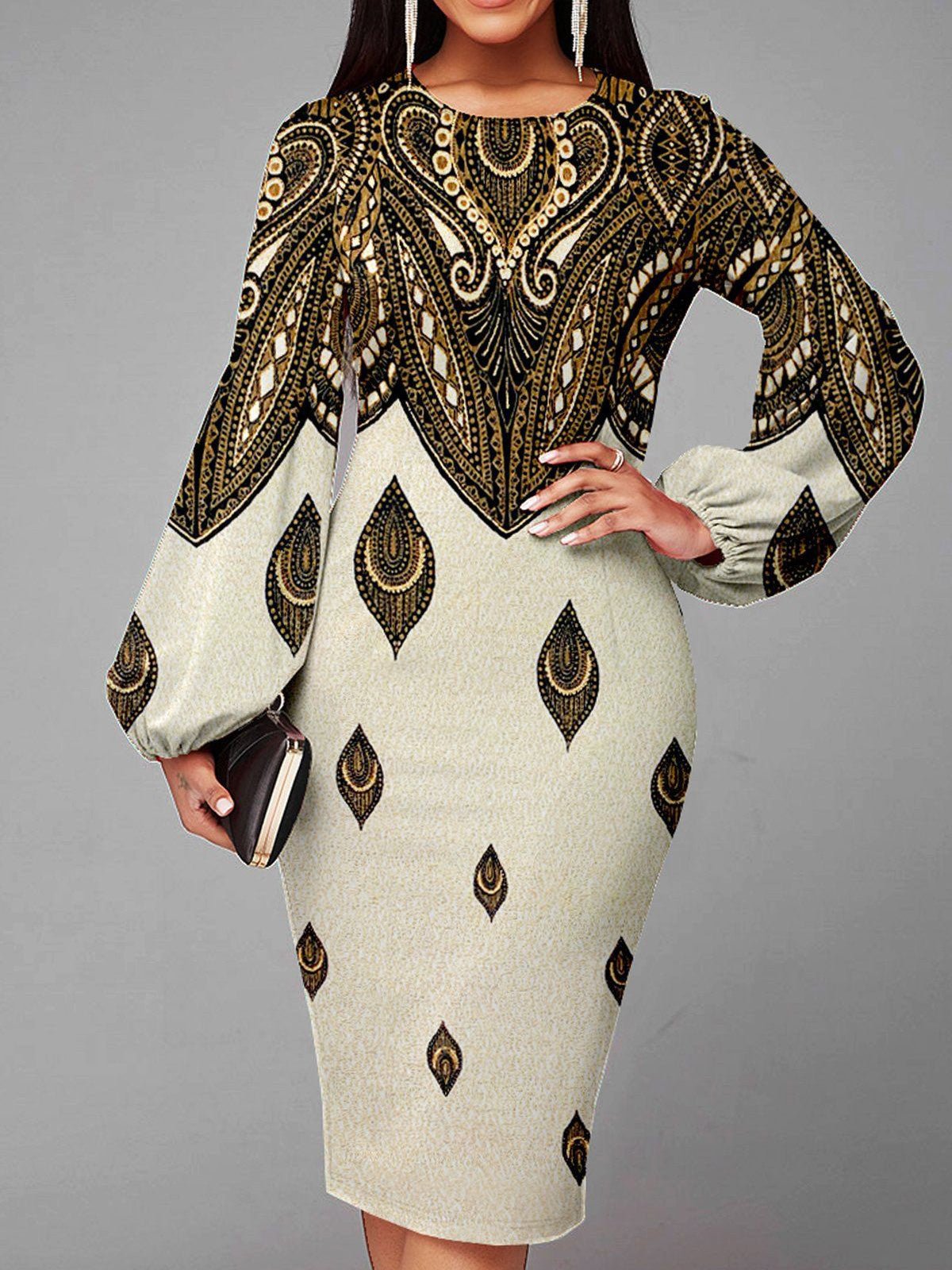 Women's Dresses Vintage Print Balloon Sleeve Slim Fit Dress