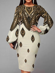 Women's Dresses Vintage Print Balloon Sleeve Slim Fit Dress