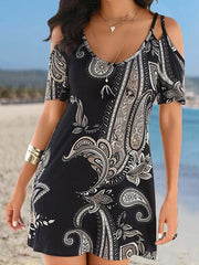 Women's Dresses Vintage Print Sling Strap Off Shoulder Short Sleeve Dress
