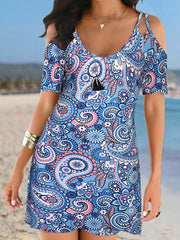 Women's Dresses Vintage Print Sling Strap Off Shoulder Short Sleeve Dress