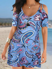 Women's Dresses Vintage Print Sling Strap Off Shoulder Short Sleeve Dress
