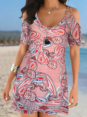 Women's Dresses Vintage Print Sling Strap Off Shoulder Short Sleeve Dress