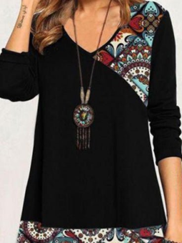 Women's Dresses Vintage Print V-Neck Long Sleeve Dress
