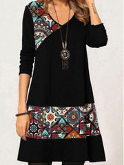 Women's Dresses Vintage Print V-Neck Long Sleeve Dress