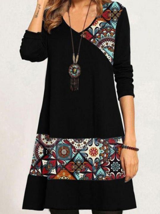 Women's Dresses Vintage Print V-Neck Long Sleeve Dress