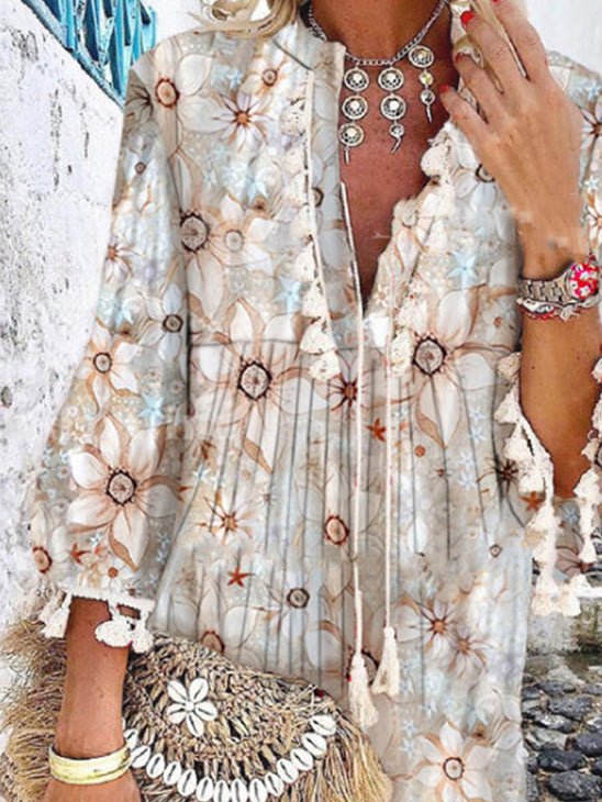 Women's Dresses Vintage Print V-Neck Long Sleeve Fringe Dress