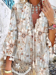 Women's Dresses Vintage Print V-Neck Long Sleeve Fringe Dress