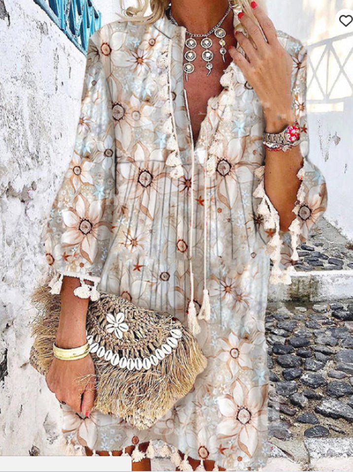 Women's Dresses Vintage Print V-Neck Long Sleeve Fringe Dress