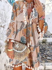 Women's Dresses Vintage Print V-Neck Long Sleeve Fringe Dress