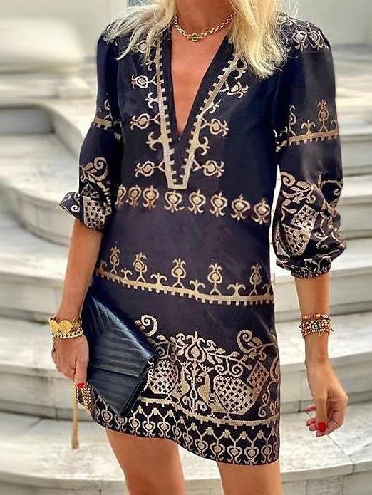 Women's Dresses Vintage Print V-Neck Mid-Sleeve Dress
