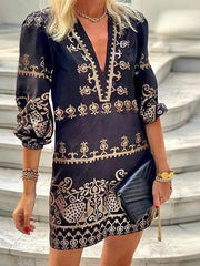 Women's Dresses Vintage Print V-Neck Mid-Sleeve Dress