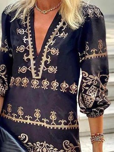 Women's Dresses Vintage Print V-Neck Mid-Sleeve Dress